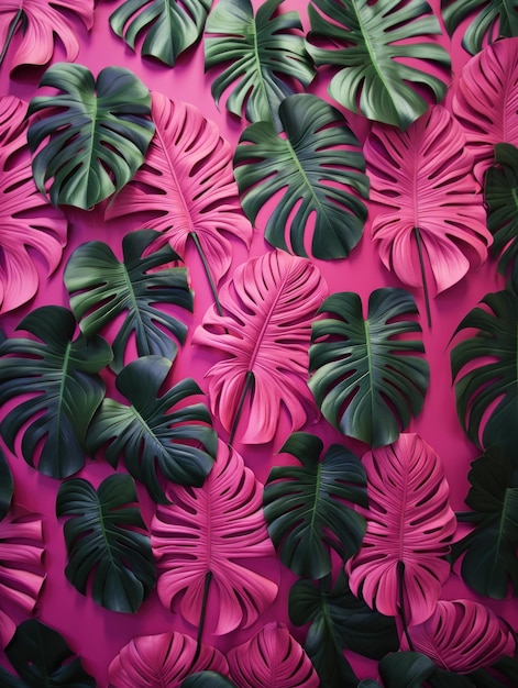 Magenta and green monstera leaves flat lay background Fashionable summer background AI generated