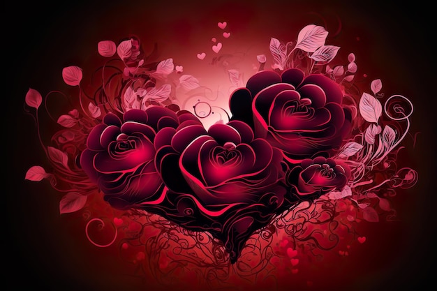 Magenta Heart red roses Valentines Day Love Digital Art Illustration