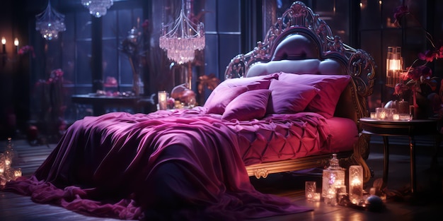 Magenta Highly Detailed and Realistic Bedroom with Crystal Chandelier