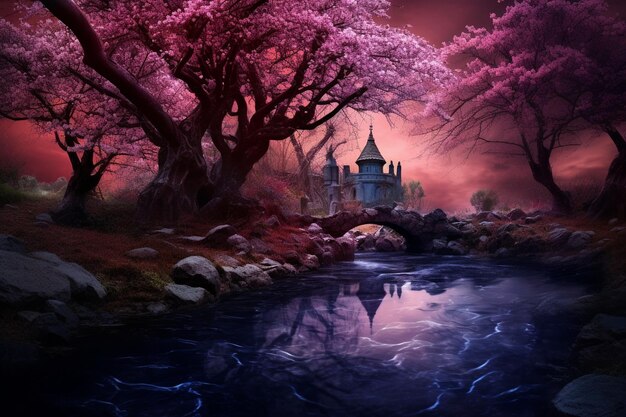 Magenta landscape with fantasy nature