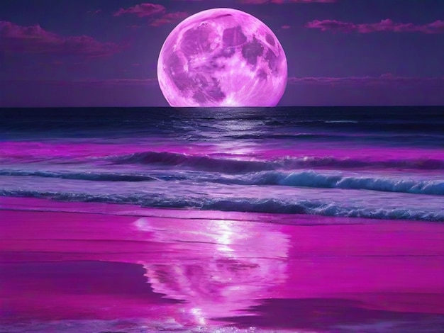 Magenta moon reflecting on ocean