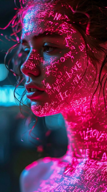 Magenta neon girl portait with love text Generative AI