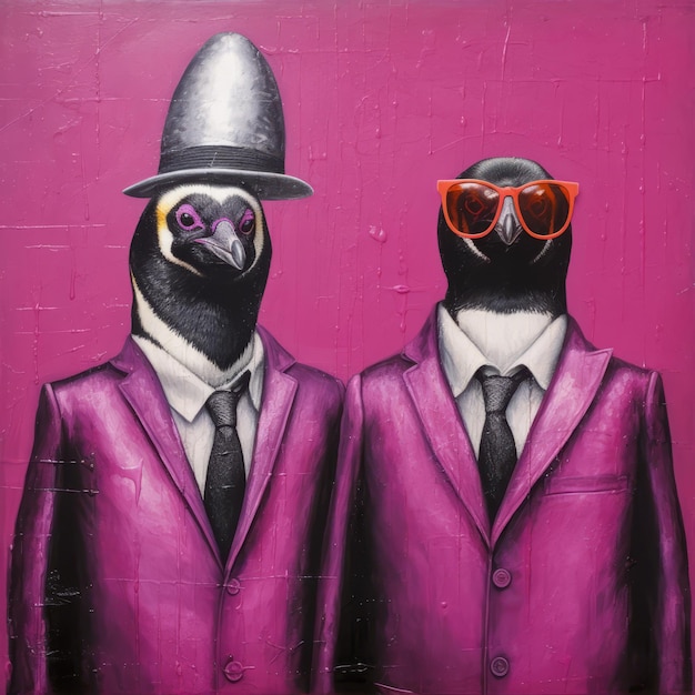 Photo magenta penguin corporate punk street art photography in dark magenta and silver