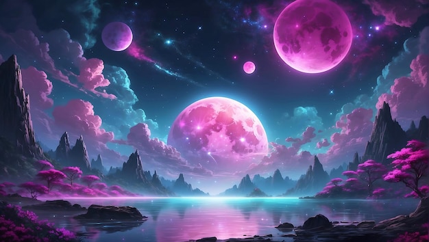 Magenta and pink moon with purple and sparklin futureistic background
