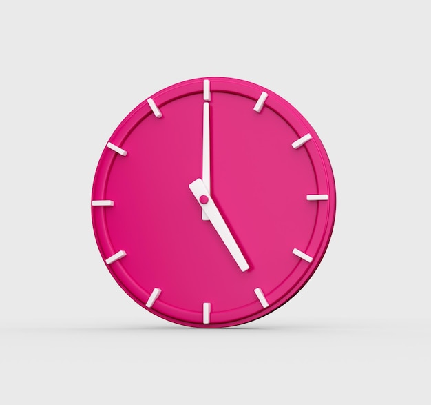 Magenta wall clock isolated on gray background with shadow Elegant design 5 o clock 3d illustration