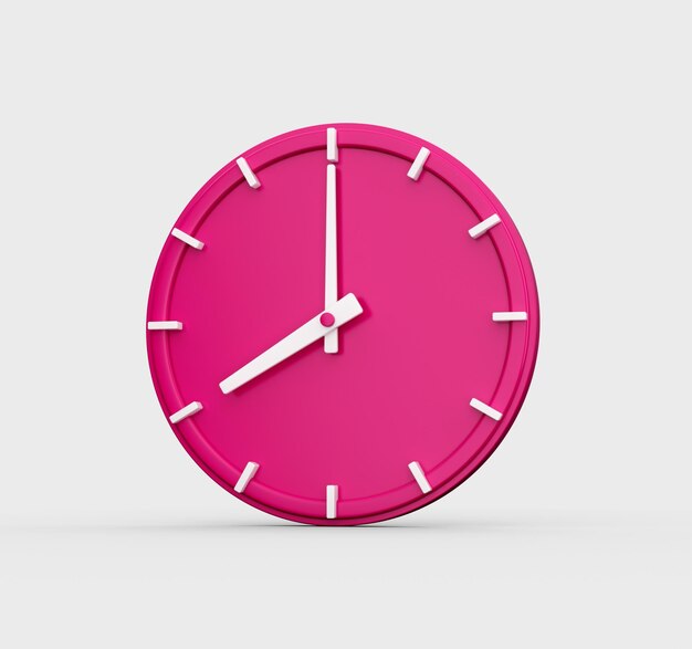 Magenta wall clock isolated on gray background with shadow Elegant design 6 o clock 3d illustration