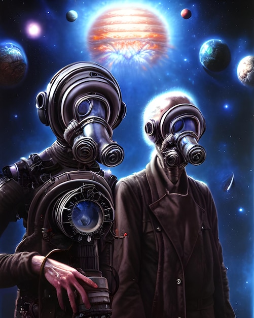 Foto magere oude mensen met gasmaskers in een ruimte-apocalyps, surrealistisch