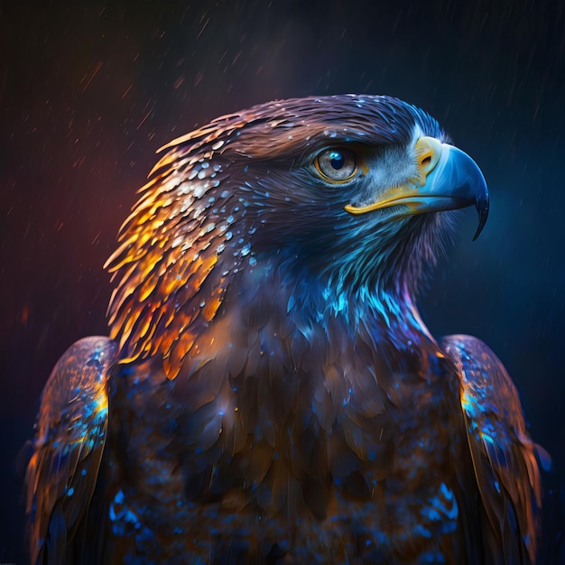 Magestic eagle with neon watercolor eyes, colorful background