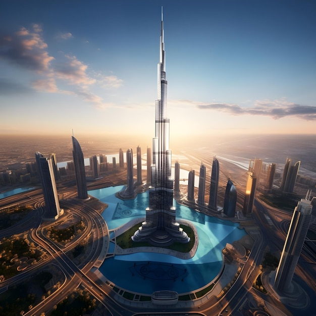 Foto magnifica vista dello skyline del burj khalifa a dubai