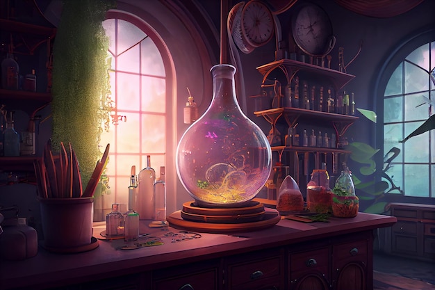 Magic alchemical laboratory wizard room Generative AI