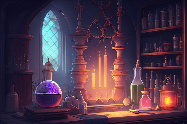 Magic alchemical laboratory wizard room Generative AI