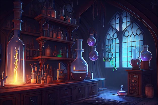 Волшебная алхимическая лаборатория комната волшебника Генеративный ИИ
