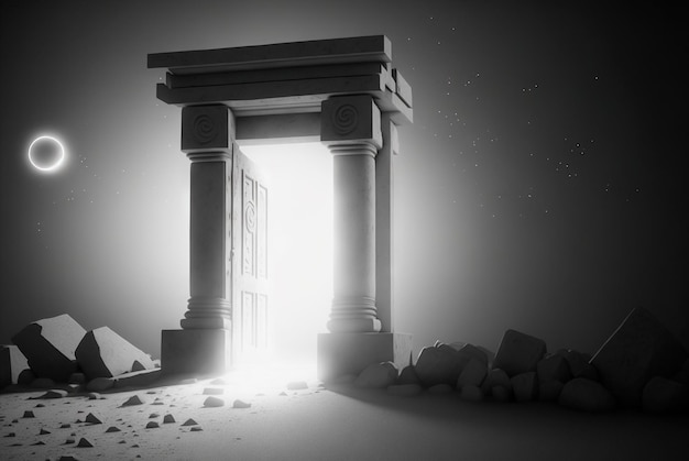 Magic ancient gate of the dark ruins Black and white background with mystic lightened door Generated AI