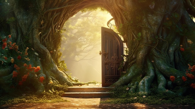 magic arched door portal inside a tree in the middle of the forest