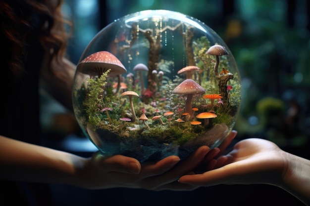 자연과 함께 마법의 공, 인간의 손에 있는 버섯, 나무, 생태 개념