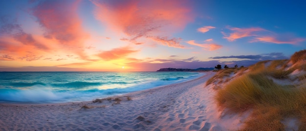 Photo the magic of the beach path in an ultrawide format at dawn a coastal dream feeling