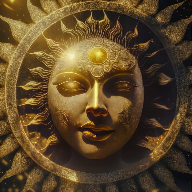Волшебное красивое стилизованное солнце Древнее изображение лица солнца Генеративный ИИ