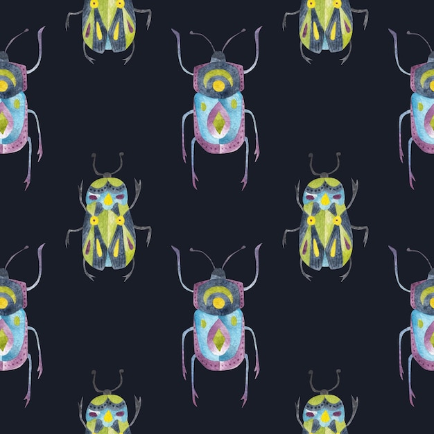Photo magic beetles seamless watercolor pattern