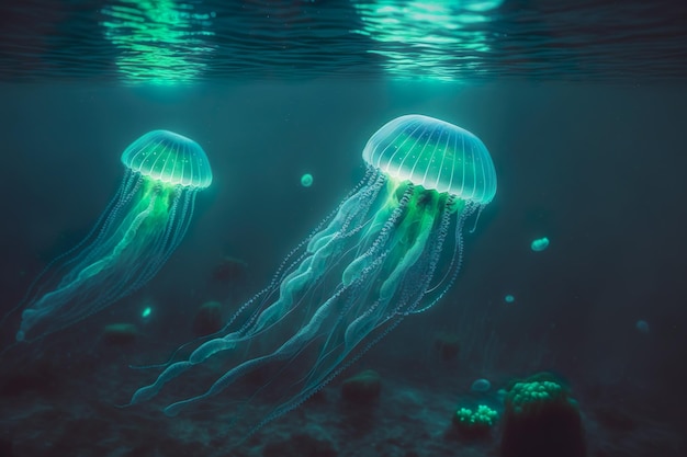 水中で光る魔法の生物発光クラゲ