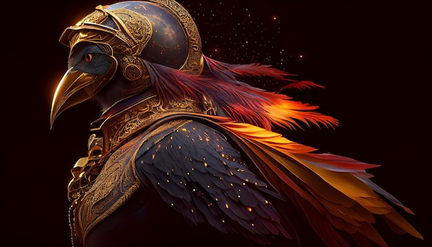 周囲の星空を背景に金の鎧を着た魔法の鳥の戦士の頭の肖像画 AI 生成