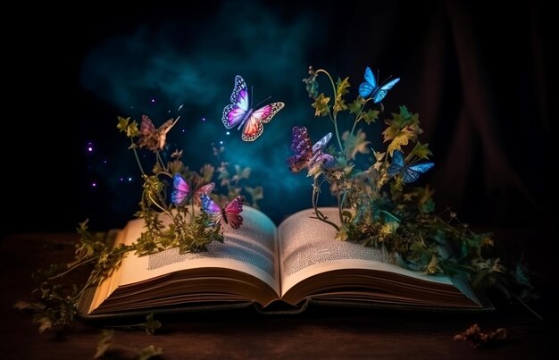Magic book fairy pages with butterflies Generate ai
