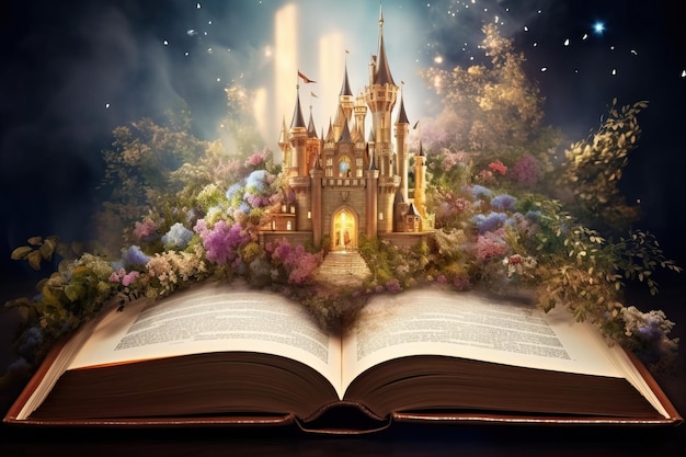 Photo magic book with fairy tale castle in the forest fairy tale concept