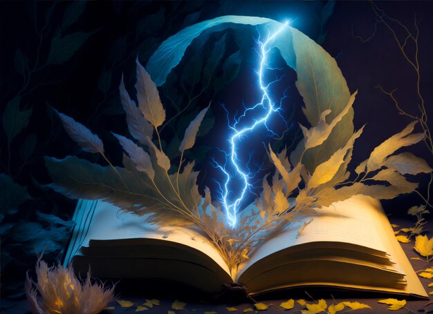 Magic book with feather bulb lightening leaf for back to school