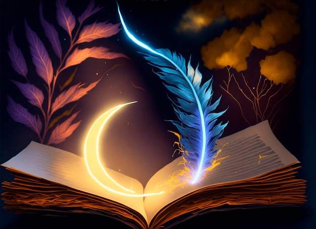 Magic book with feather moon lightening for back to school