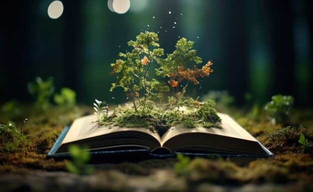 Photo magic book with green plants magical nature's enchantment