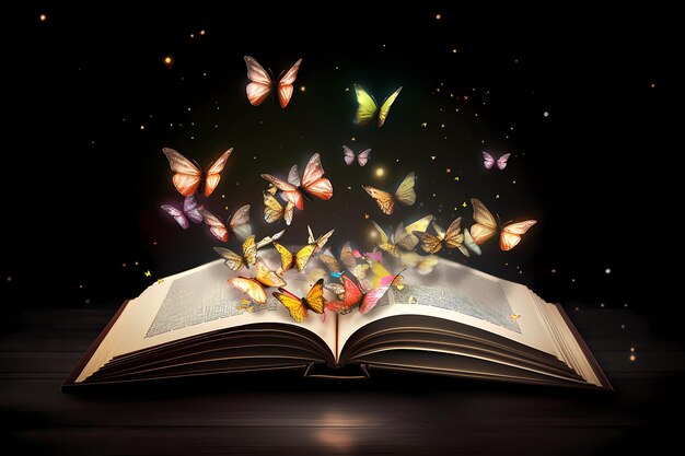 魔法の光と暗闇の中に蝶がいる魔法の本