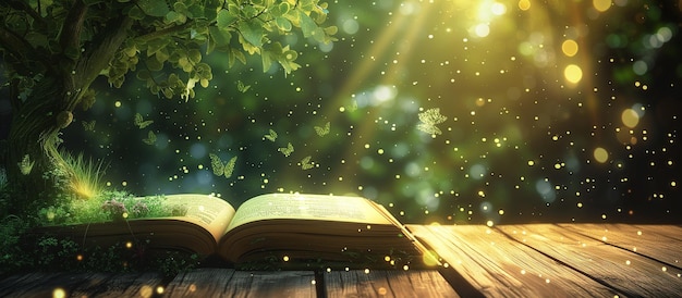 Magic Book With Open Antique Pages And Abstract Bokeh Lights Glowing In Dark Background