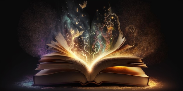 Magic Book With Open Pages And Abstract Lights Shining In Darkness Literature And Fairytale Concept