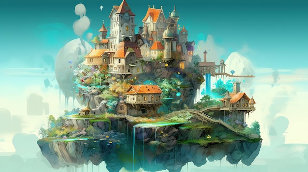 A magic castle on the island Fantasy concept Illustration painting Generative AI