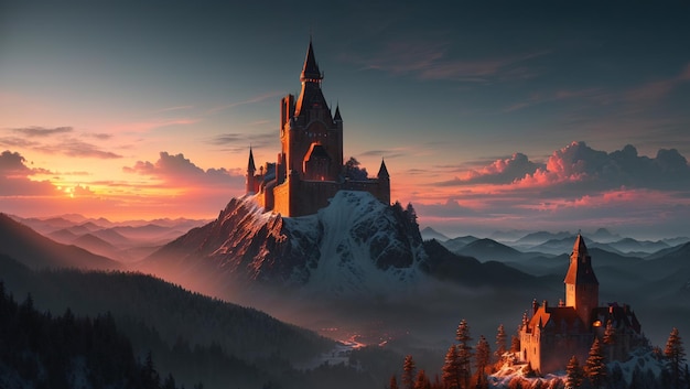 Magic castle in the mountains at sunset Fantasy landscape 3d render