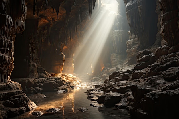 Magic cave with stalactites and illuminated stalagmites generative IA