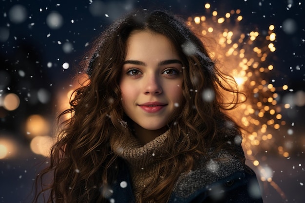 Волшебная рождественская ночь со снегом и фейерверками, сделанными с помощью технологии генеративного искусственного интеллекта.