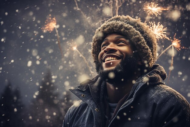 Photo magic christmas night with snow and fireworks made with generative ai technology