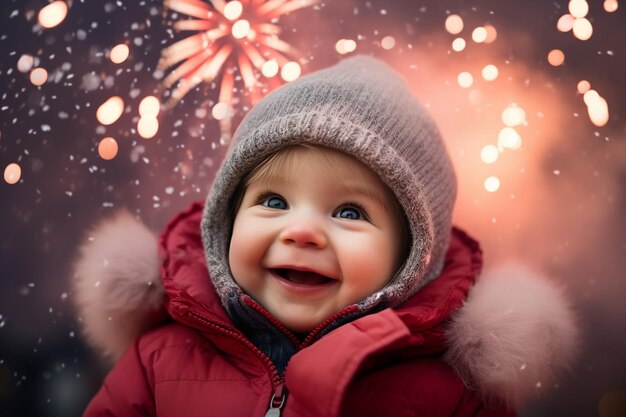 Photo magic christmas night with snow and fireworks made with generative ai technology