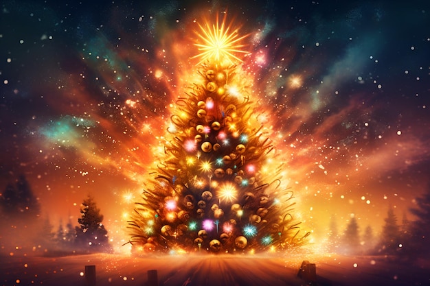 Magic Christmas Tree Card Template with Shining Fir Decorated Pine with salute of lights around it New Year tree decorated in the forest magic moments Generative AI