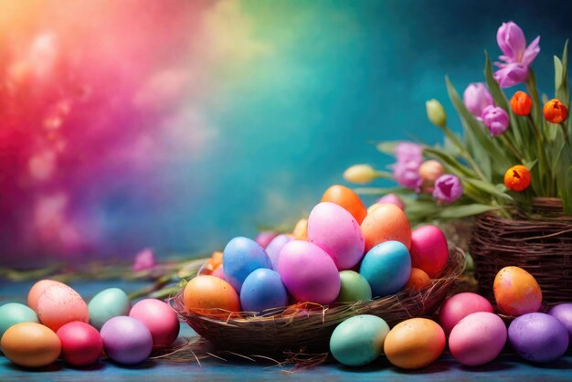 Magic colorful easter eggs with flowers background