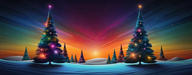 Magic colorful night landscape with pine trees and an amazing sky christmas background generative ai