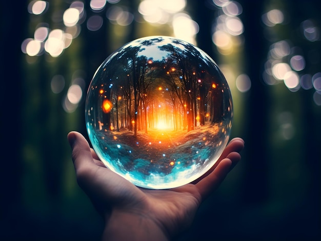 A magic crystal ball in a hand blur background 3d rendering