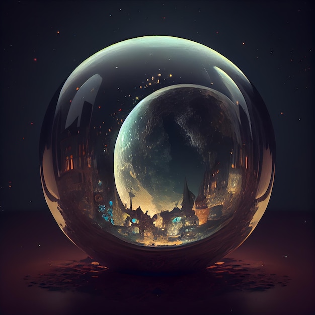 背景の3Dイラストに城のある魔法の水晶玉