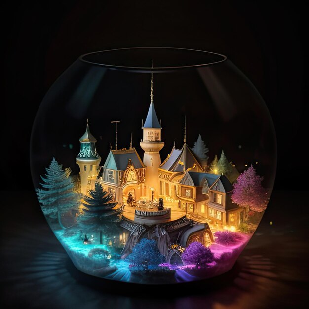 Magic crystal ball with fairy tale castle 3d render illustration