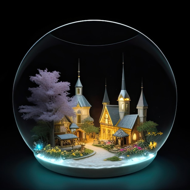 Magic crystal ball with fairy tale castle 3d render illustration