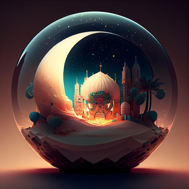 暗い背景のイラストにモスクとヤシの木を持つ魔法の水晶玉