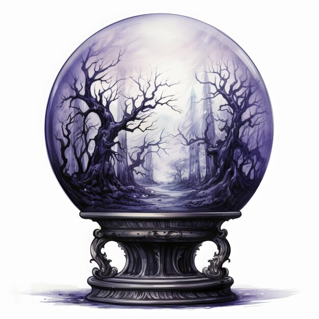 Magic crystal ball with tree in the forest 3d illustration