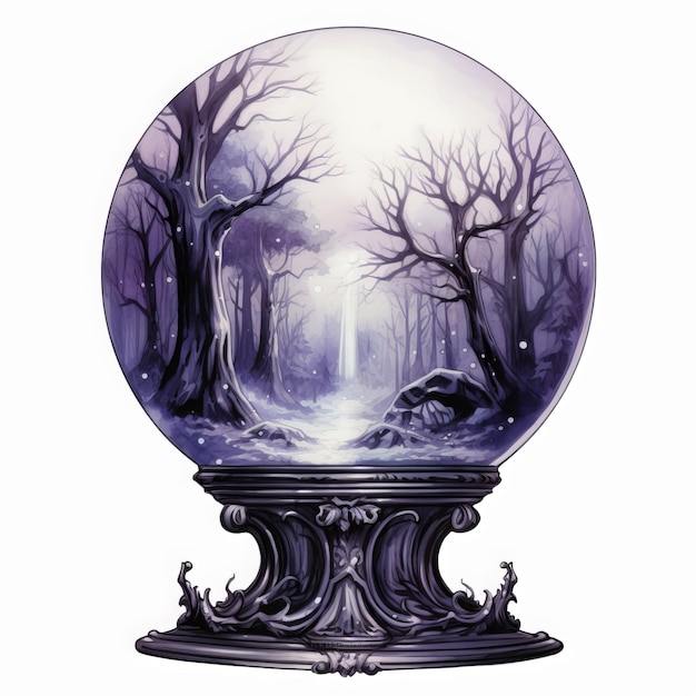 Magic crystal ball with trees and fog Illustration isolated on white background