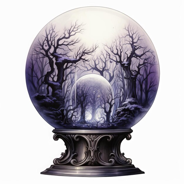 Magic crystal ball with trees and fog Illustration isolated on white background