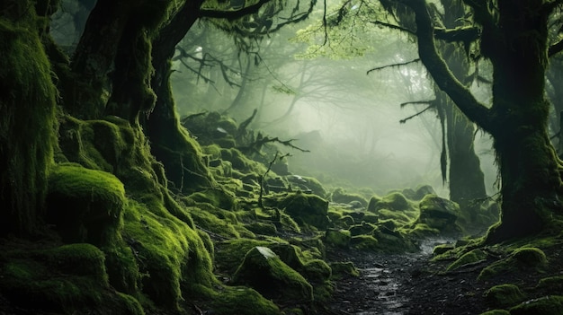 Волшебный глубокий лес с мхом и туманом